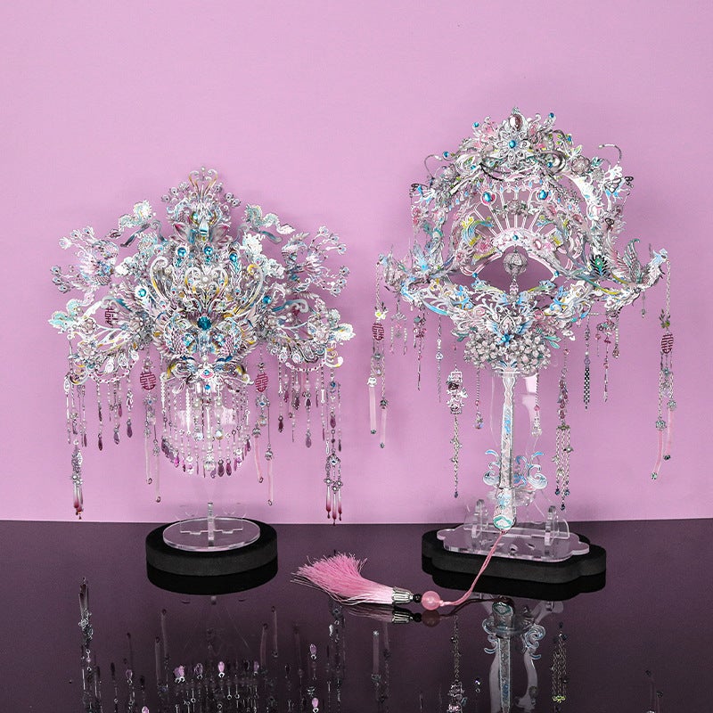 Steel Red Dress With Green Phoenix Crown And Fan 3D Metal Assembly Model Chinese Style Diy Wedding Gift For Women - Image 3